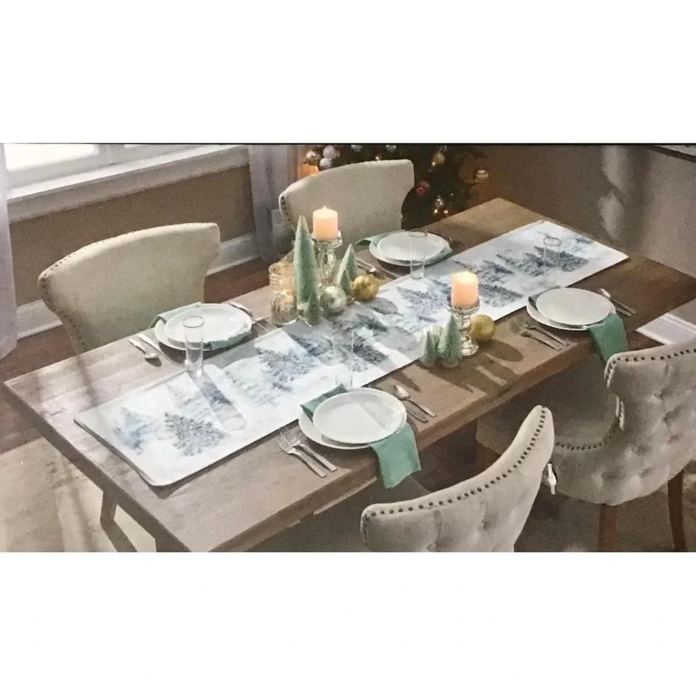 Rachel Zoe Winter Forest Silver Tree Evergreens Table Runner 16x72 Holiday Decor